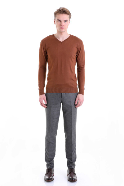 Tütün Comfort Fit V Yaka Yünlü Kazak - 3