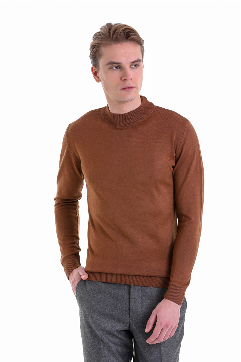 Tütün Comfort Fit Yarım Balıkçı Yaka Yünlü Kazak - Hatemoğlu (1)