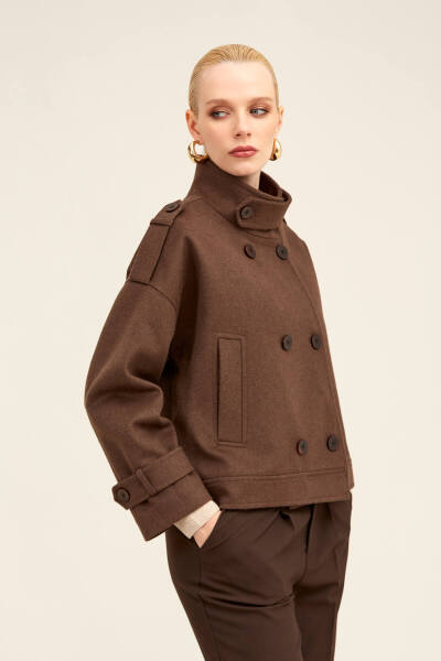 Saykı Woman Kahverengi Regular Fit Hakim Yaka Kaşe Oversize Mont - 5