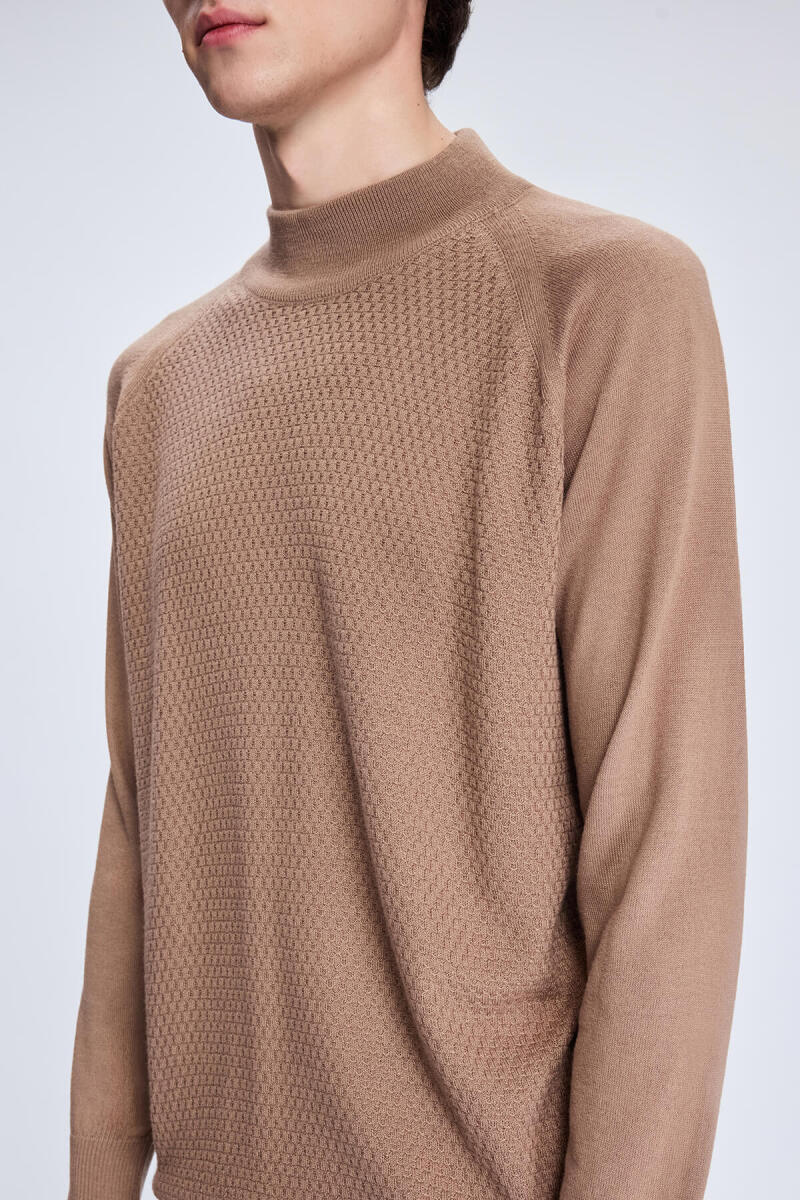 Kahverengi Regular Fit Jakarlı Yarım Balıkçı Yaka Yünlü Kazak - Hatemoğlu (1)