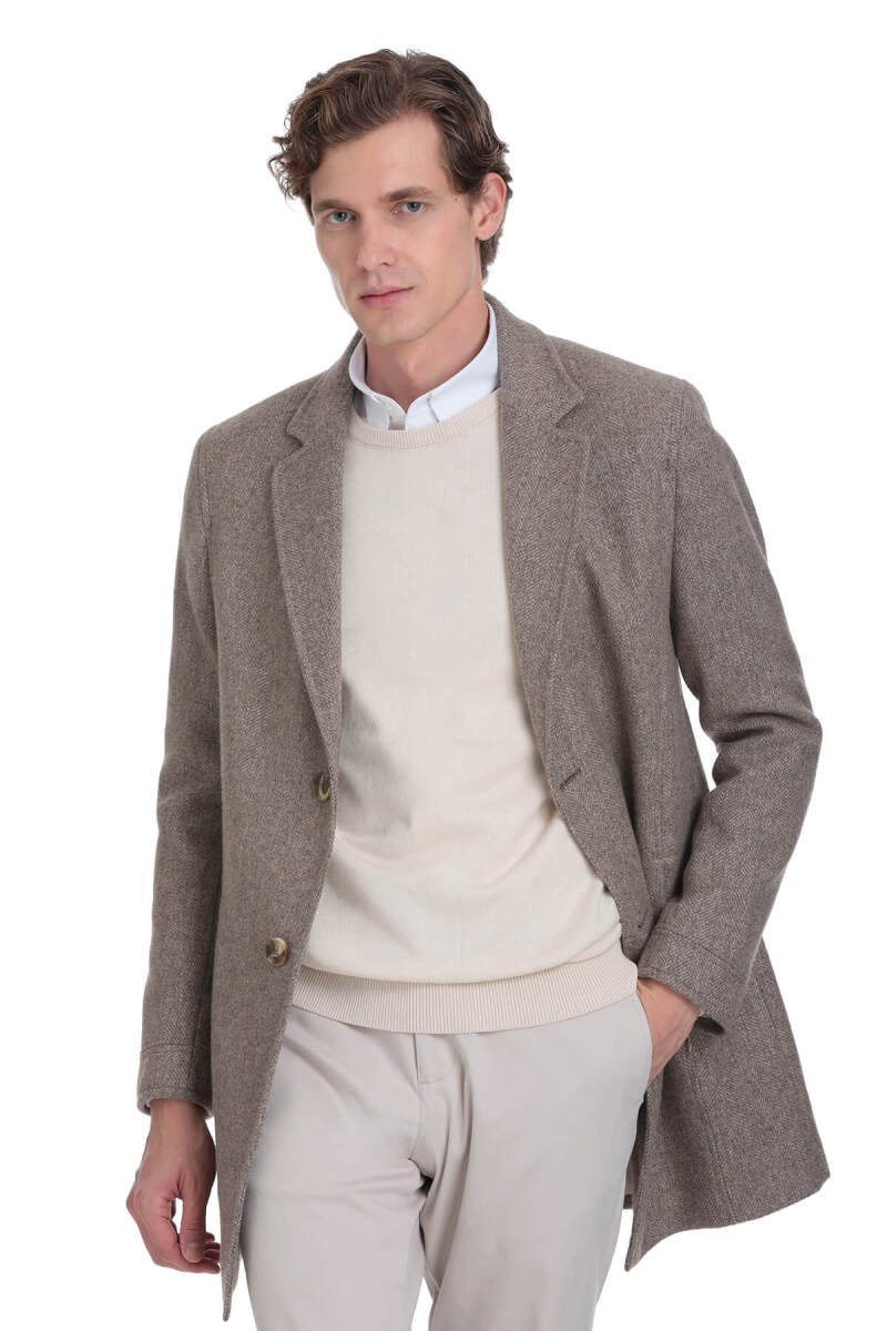 Kahverengi Slim Fit Ceket Yaka Yünlü Kaşe Palto - Saykı