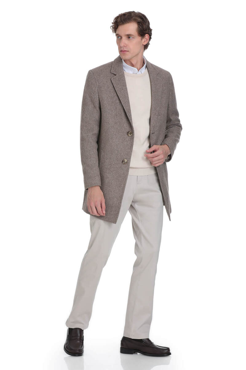 Kahverengi Slim Fit Ceket Yaka Yünlü Kaşe Palto - Saykı (1)