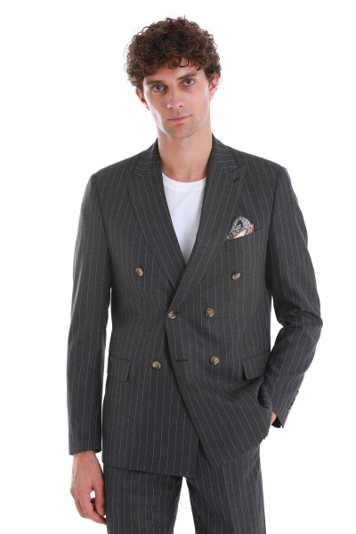 Kahverengi Slim Fit Çizgili Kruvaze Takım Elbise - 2