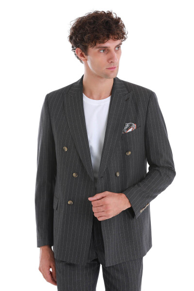 Kahverengi Slim Fit Çizgili Kruvaze Takım Elbise - 3