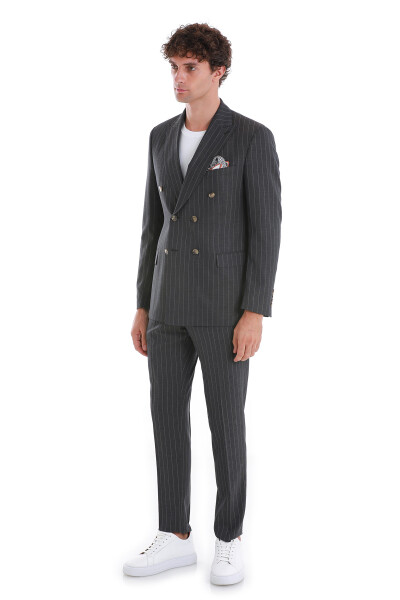 Kahverengi Slim Fit Çizgili Kruvaze Takım Elbise - 4