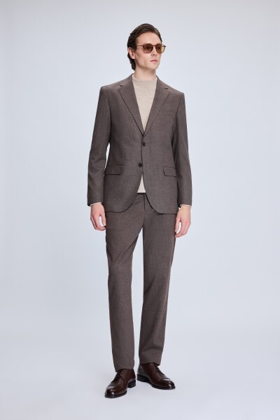 Kahverengi Slim Fit Çizgili Mono Yaka Klasik Takım Elbise - 1