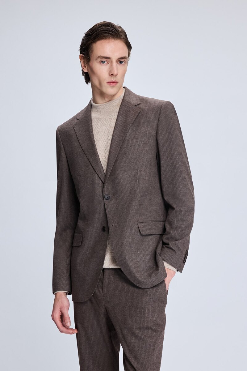 Kahverengi Slim Fit Çizgili Mono Yaka Klasik Takım Elbise - Hatemoğlu (1)