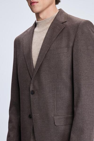 Kahverengi Slim Fit Çizgili Mono Yaka Klasik Takım Elbise - 3