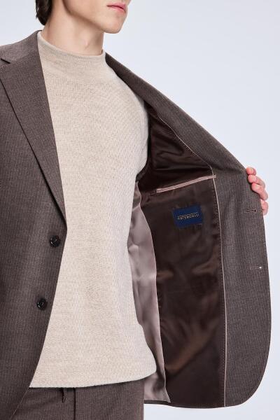 Kahverengi Slim Fit Çizgili Mono Yaka Klasik Takım Elbise - 4