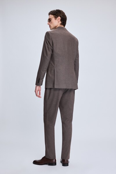 Kahverengi Slim Fit Çizgili Mono Yaka Klasik Takım Elbise - 5