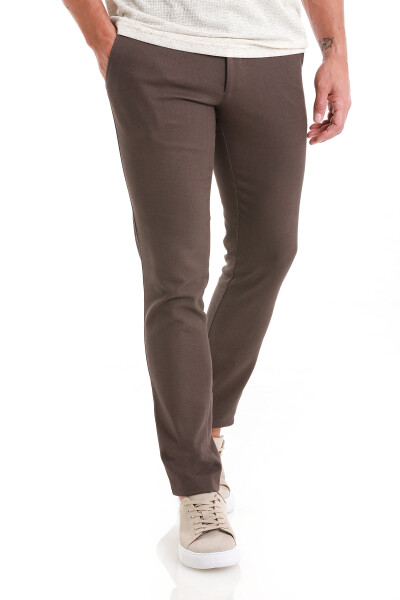Kahverengi Slim Fit Desenli Pamuklu Yandan Cep Kanvas Pantolon - 4