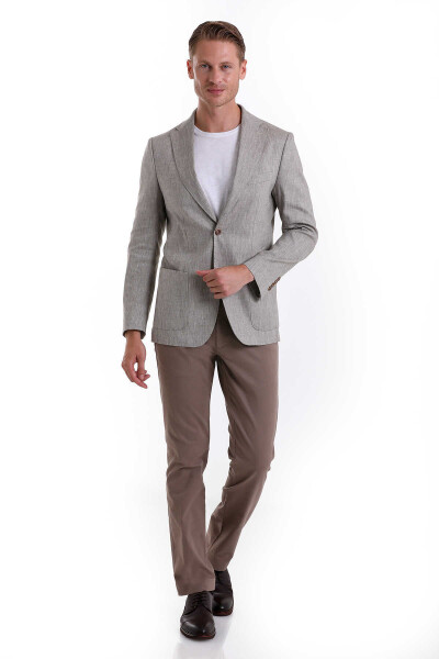 Kahverengi Slim Fit Mono Yaka Casual Keten Ceket - 2