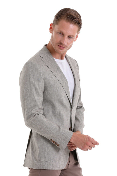 Kahverengi Slim Fit Mono Yaka Casual Keten Ceket - 3