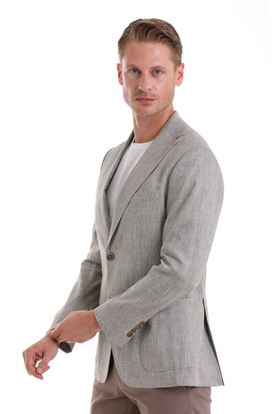 Kahverengi Slim Fit Mono Yaka Casual Keten Ceket - 4