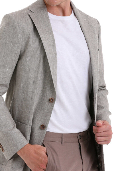 Kahverengi Slim Fit Mono Yaka Casual Keten Ceket - 5