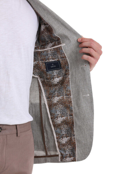 Kahverengi Slim Fit Mono Yaka Casual Keten Ceket - 6