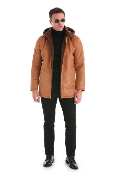 Kahverengi Slim Fit Hakim Yaka Kapüşonlu Basic Deri Kaban - 2