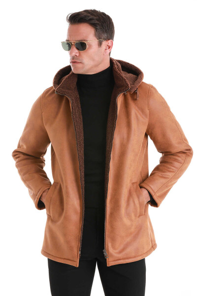 Kahverengi Slim Fit Hakim Yaka Kapüşonlu Basic Deri Kaban - 3