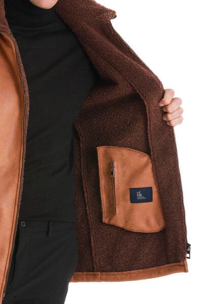 Kahverengi Slim Fit Hakim Yaka Kapüşonlu Basic Deri Kaban - 5