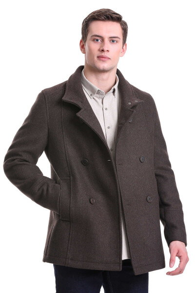 Kahverengi Slim Fit Hakim Yaka Kruvaze Yünlü Kaşe Kaban - 3