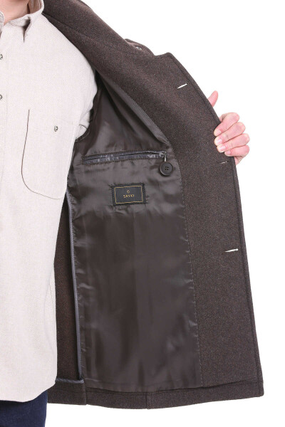 Kahverengi Slim Fit Hakim Yaka Kruvaze Yünlü Kaşe Kaban - 7