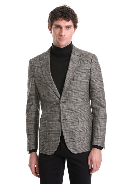 Kahverengi Slim Fit Kareli Mono Yaka Klasik Ceket - 1