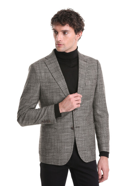 Kahverengi Slim Fit Kareli Mono Yaka Klasik Ceket - 3