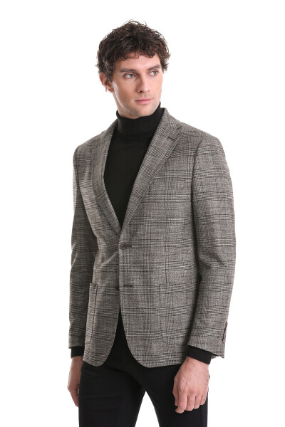 Kahverengi Slim Fit Kareli Mono Yaka Klasik Ceket - 4