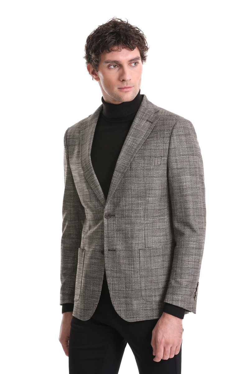 Kahverengi Slim Fit Kareli Mono Yaka Klasik Ceket - Hatemoğlu (1)