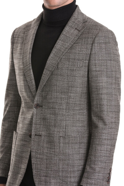 Kahverengi Slim Fit Kareli Mono Yaka Klasik Ceket - 5