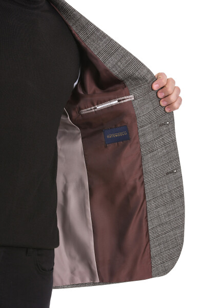 Kahverengi Slim Fit Kareli Mono Yaka Klasik Ceket - 6