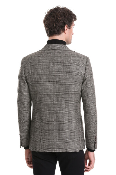 Kahverengi Slim Fit Kareli Mono Yaka Klasik Ceket - 7