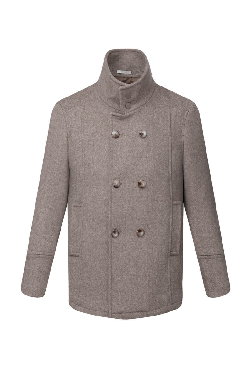 Kahverengi Slim Fit Kruvaze Yünlü Kaşe Kaban - Saykı