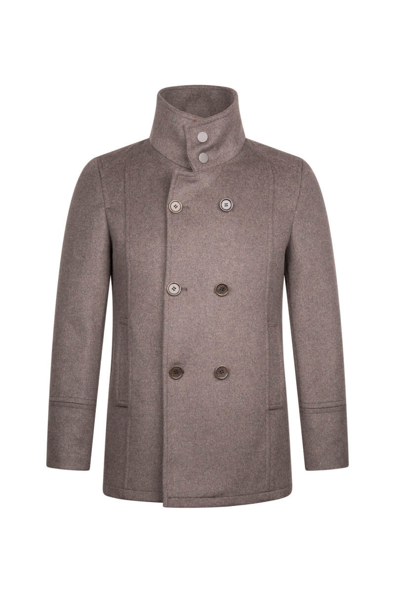 Kahverengi Slim Fit Kruvaze Yünlü Kaşe Kaban - Hatem Saykı