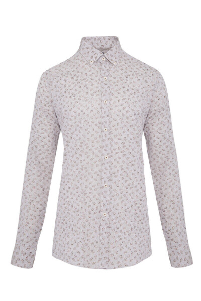 Kahverengi Slim Fit Baskılı Düğmeli Yaka Uzun Kollu Casual Keten Gömlek 