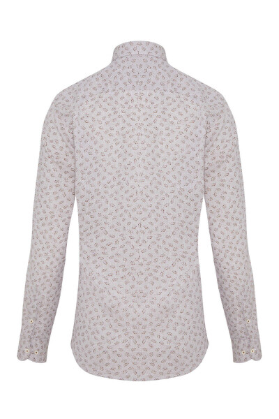 Kahverengi Slim Fit Baskılı Düğmeli Yaka Uzun Kollu Casual Keten Gömlek - 3