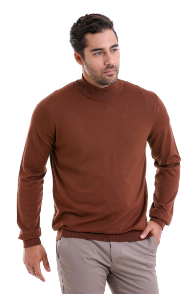 Kahverengi Regular Fit Düz 100% Pamuk Yarım Balıkçı Yaka Triko Kazak 