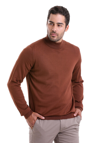 Kahverengi Regular Fit Düz 100% Pamuk Yarım Balıkçı Yaka Triko Kazak - 4