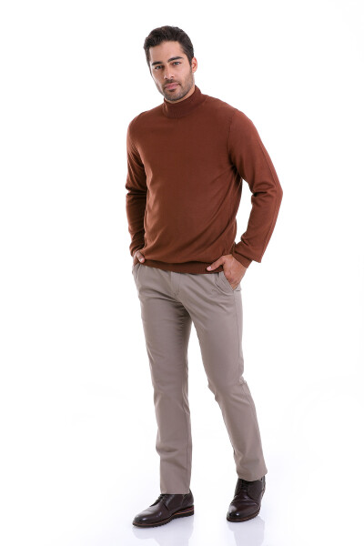 Kahverengi Regular Fit Düz 100% Pamuk Yarım Balıkçı Yaka Triko Kazak - 6