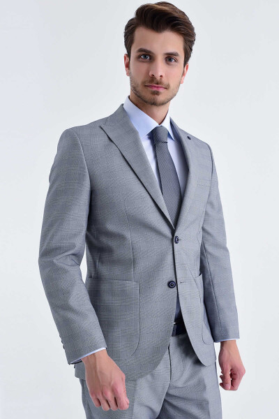 Kareli Slim Fit Gri Takım Elbise - 3