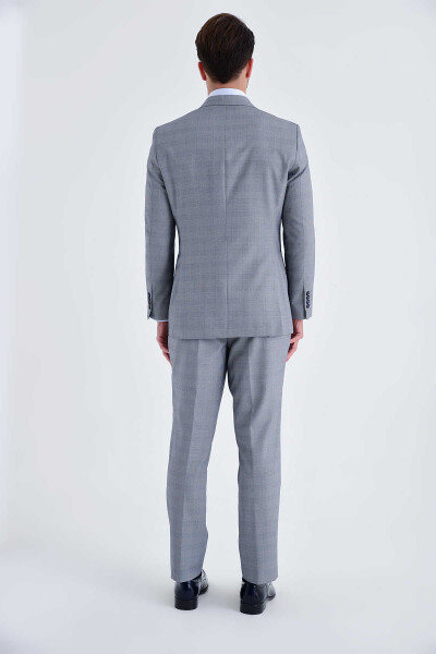 Kareli Slim Fit Gri Takım Elbise - 5