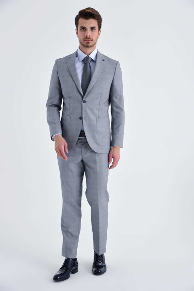 Kareli Slim Fit Gri Takım Elbise - 2