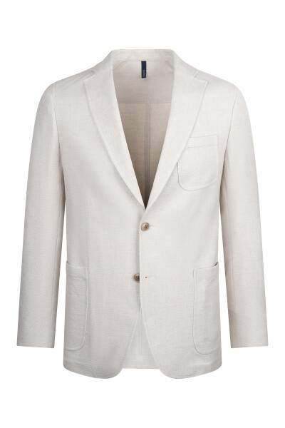 Ekru Comfort Fit Mono Yaka Klasik Keten Ceket 