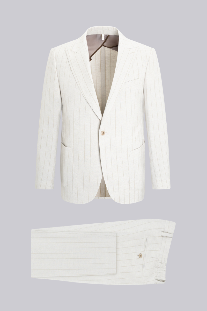 Bej Slim Fit Sivri Yaka Çizgili Keten Casual Takım Elbise - Saykı