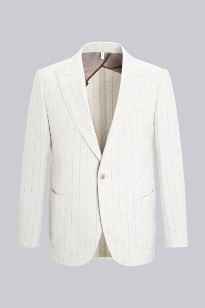 Bej Slim Fit Sivri Yaka Çizgili Keten Casual Takım Elbise - 2