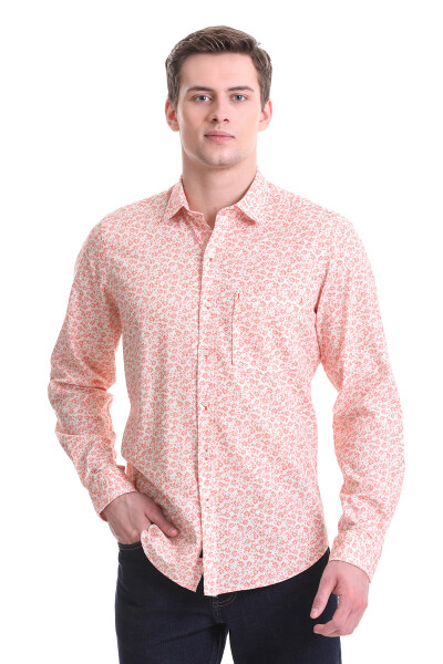 Beyaz Comfort Fit Baskılı 100% Pamuklu Slim Yaka Uzun Kollu Klasik Gömlek - 4