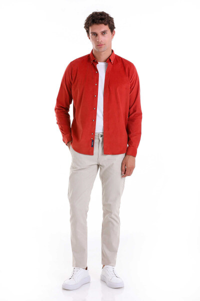 Turuncu Comfort Fit 100% Pamuk Düğmeli Yaka Uzun Kollu Casual Kadife Gömlek - 2