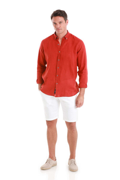 Turuncu Comfort Fit Düğmeli Yaka Uzun Kollu Keten Gömlek - 2