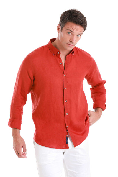 Turuncu Comfort Fit Düğmeli Yaka Uzun Kollu Keten Gömlek - 3