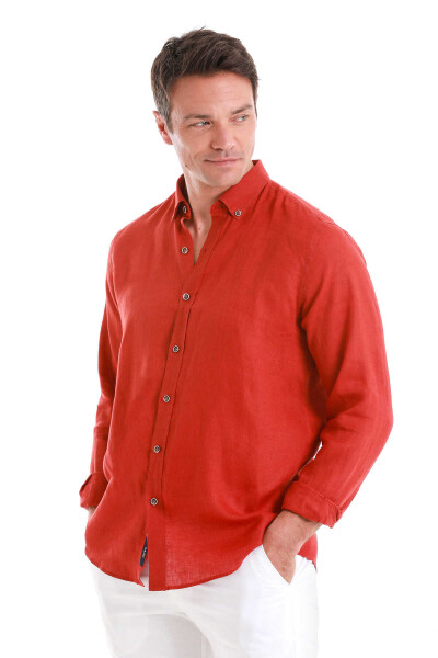 Turuncu Comfort Fit Düğmeli Yaka Uzun Kollu Keten Gömlek - 4